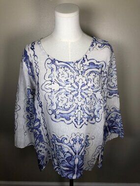 idillio Positano 100% Linen Purple & White Floral Scoop Neck Pullover Size S